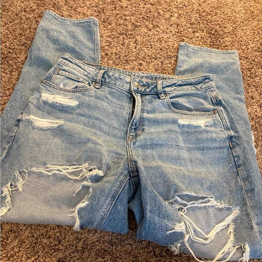American Eagle Outfitters Blue Straight Leg Jeans with Distressed Details